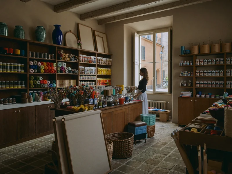 Interno luminoso di un negozio creativo con scaffali di colori, carte e filati.