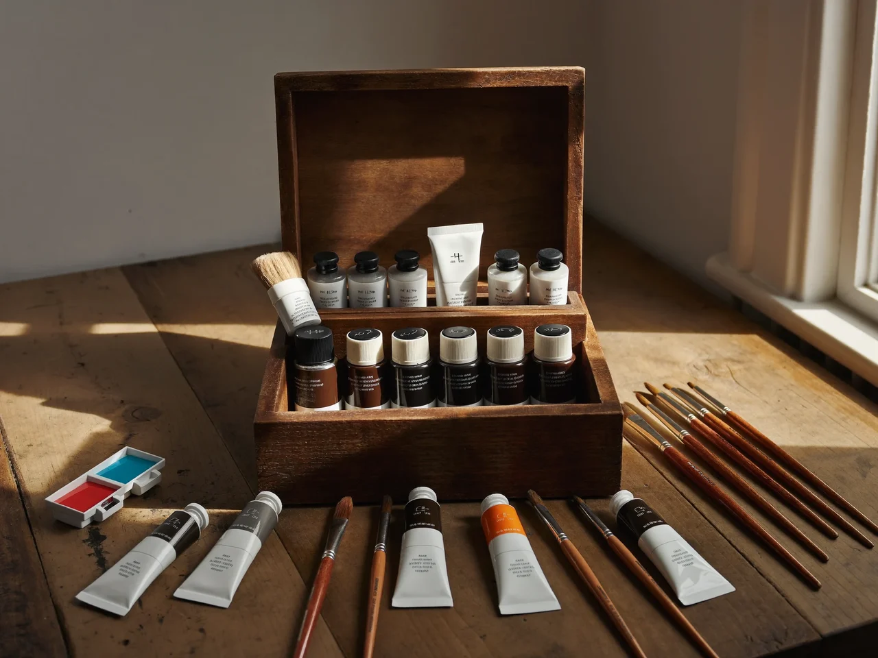 Scatola di colori acrilici e acquerelli con pennelli su un tavolo di legno.