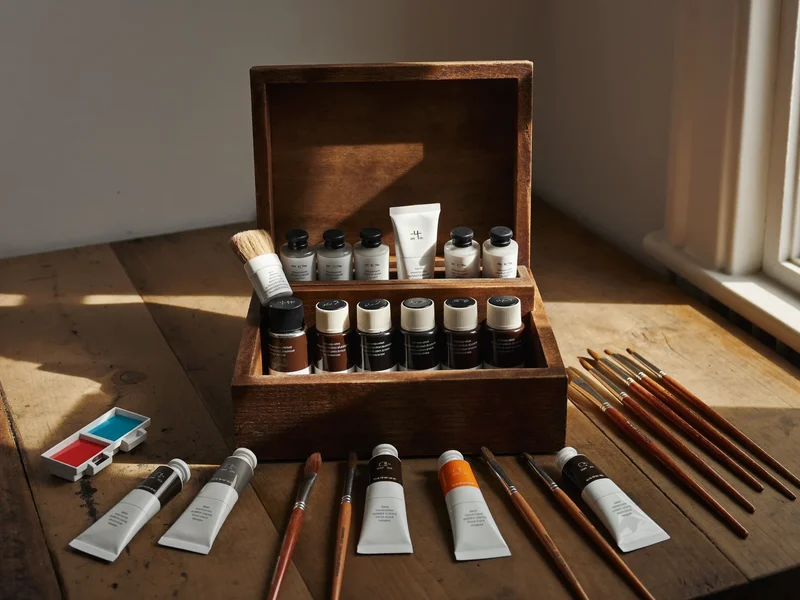 Scatola di colori acrilici e acquerelli con pennelli su un tavolo di legno.